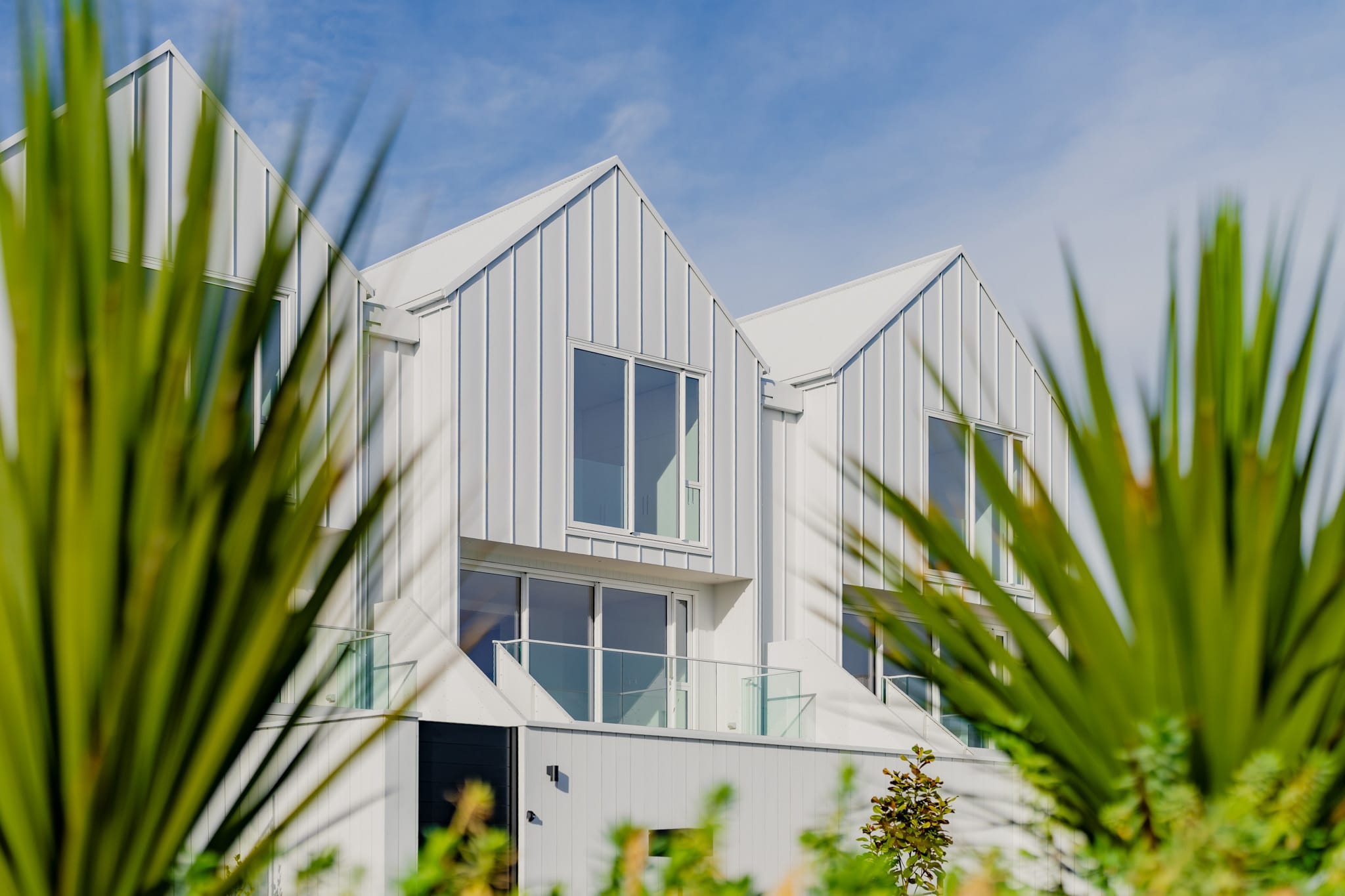 Contemporary townhouses with white cladding and landscaped frontage, showcasing new builds, home construction, and architecturally designed housing.