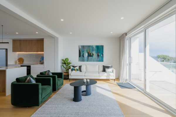 Bright open plan living area in a new build townhouse, featuring quality finishes, architectural detailing, and professional home construction.