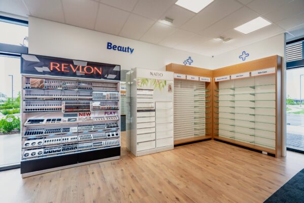Beauty and skincare display shelves installed during a commercial fit out project, showing Commercial Construction detail, refurbishment quality and construction NZ workmanship for a modern retail space.